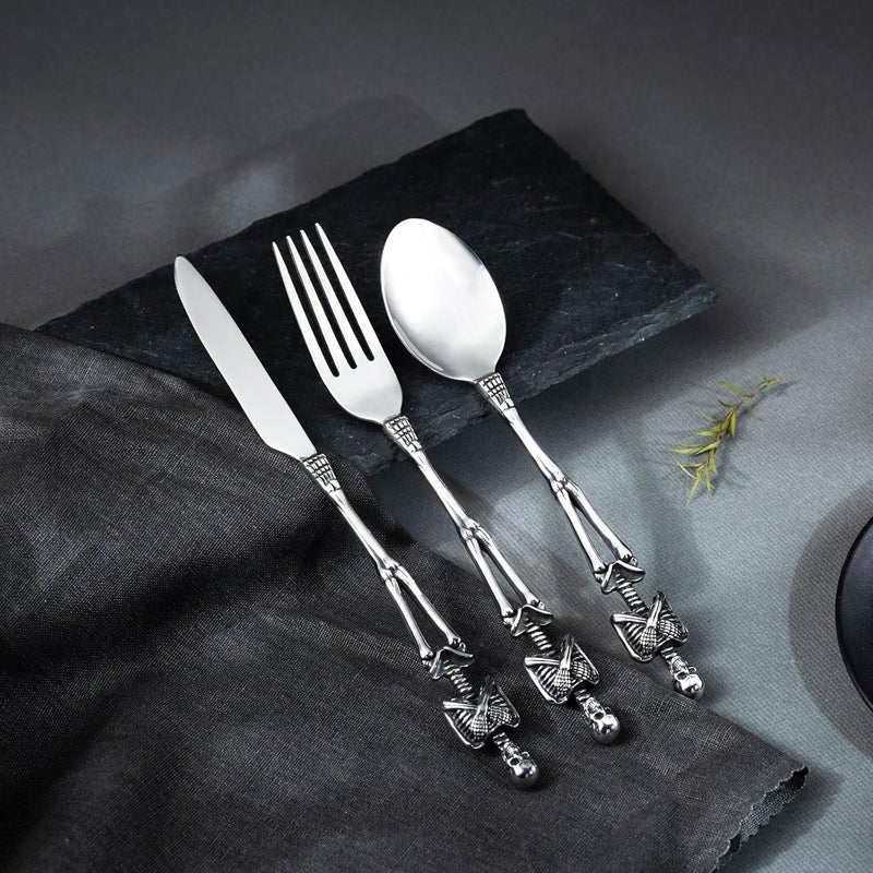 HZMAN Gothic Skull Flatware: Dinner Knife, Dinner Fork, Soup Spoon & 3-Piece Place Setting, Stainless Steel Cutlery Set for Home Kitchen, Halloween Table Decor - Image 3